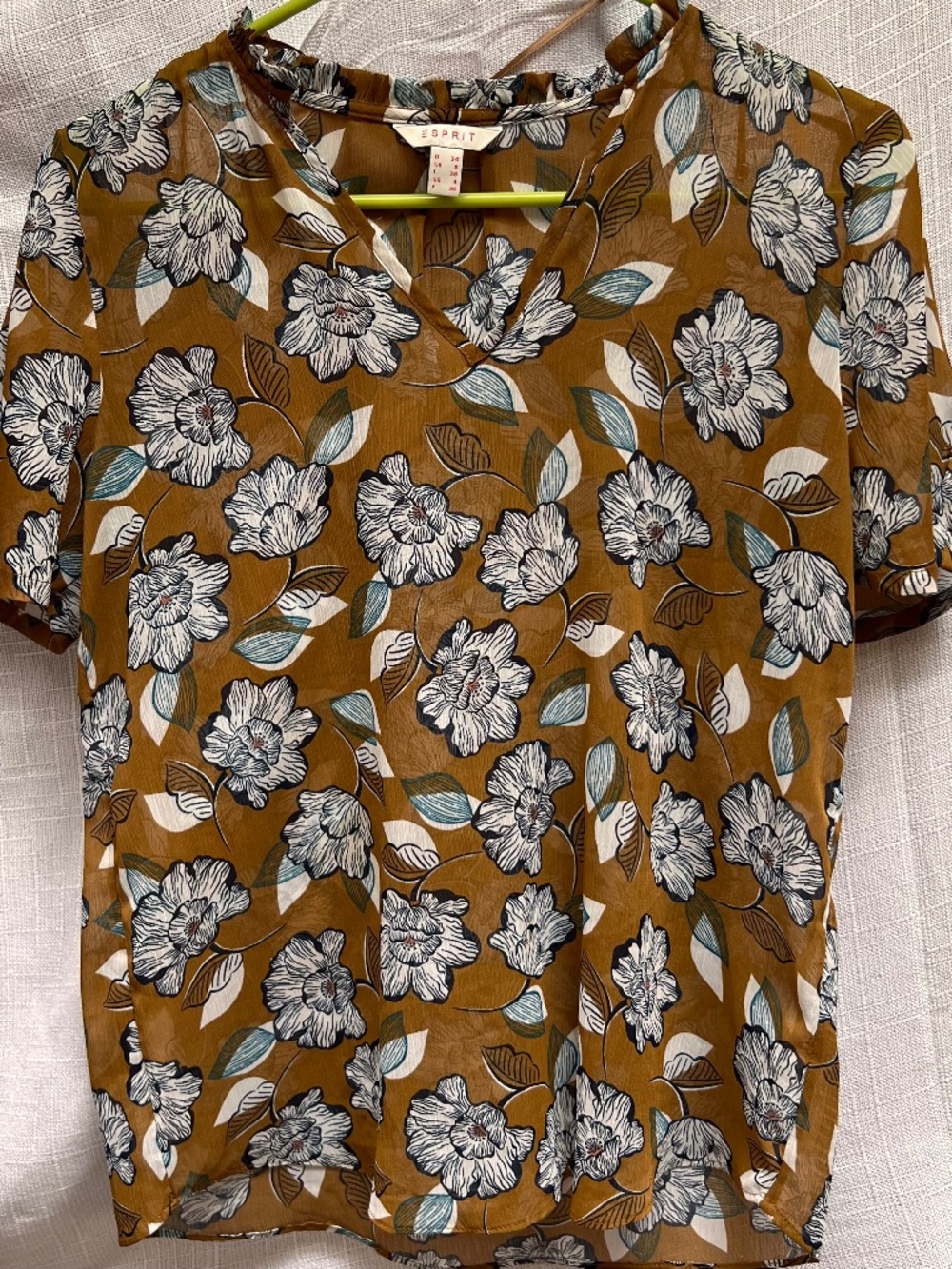 Esprit Women's blouse-Brown Floral with Cream and Blue flowers- Size 4- V Neck